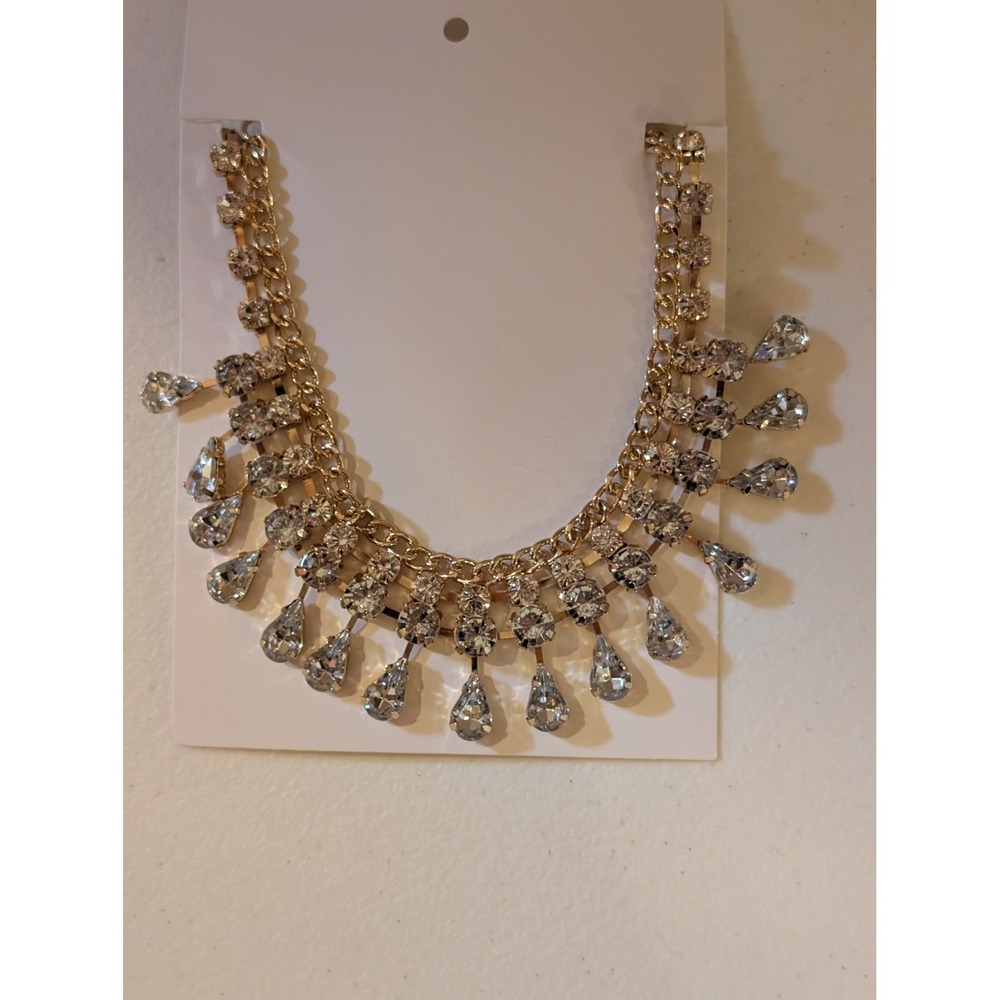 Gold Tone Statement Necklace with Clear Rhinestones Teardrop Dangles - Picture 1 of 2